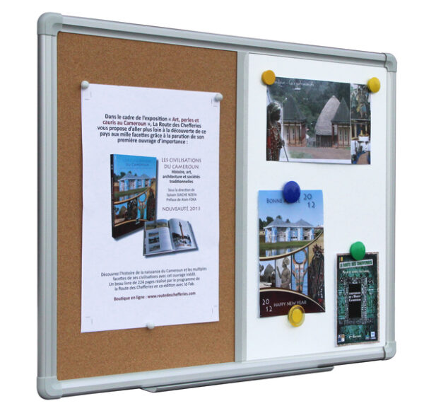Tableau d'affiche avec encadrement en aluminium. Surface MIXTE : liège et blanc laquée
