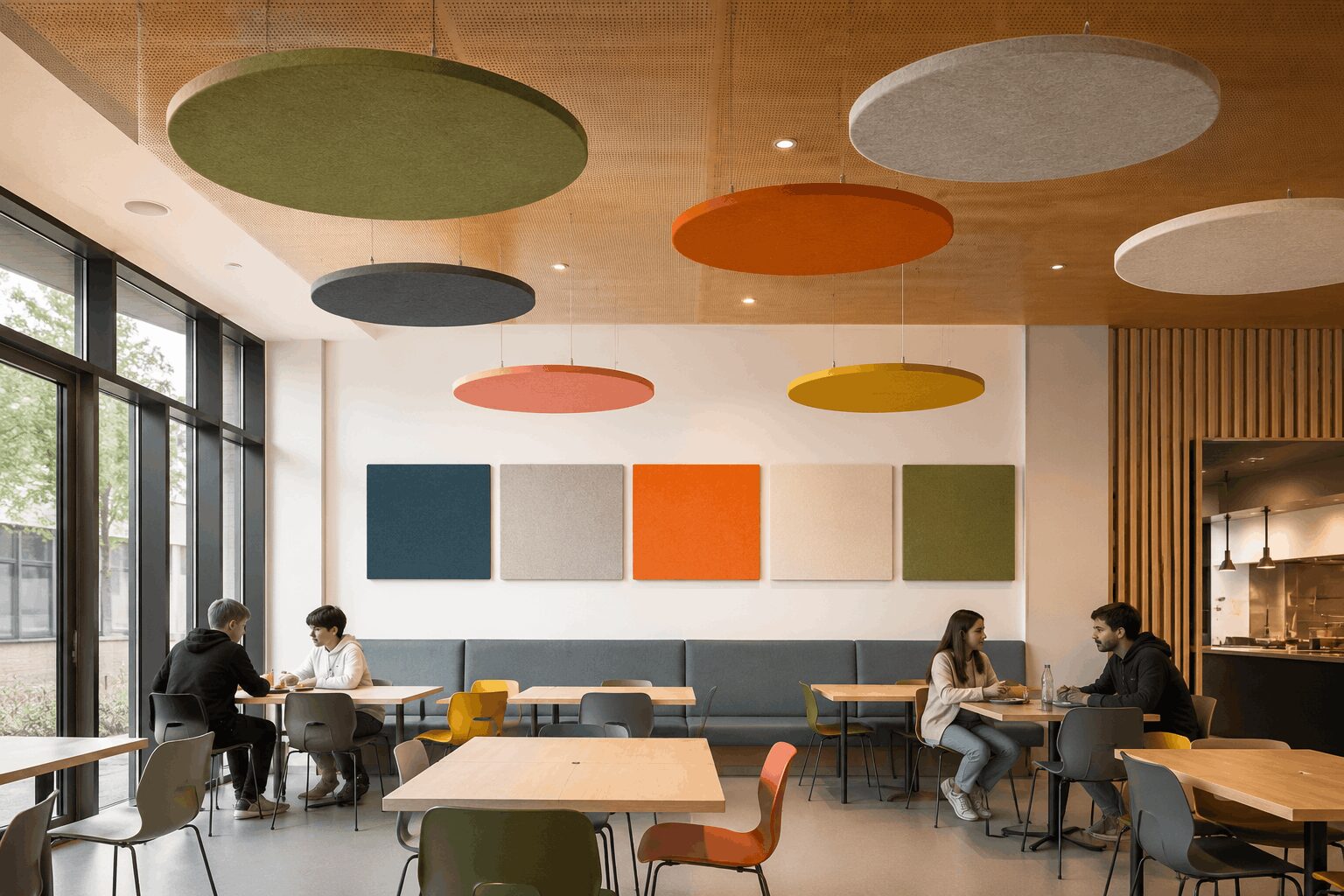 image représentant une mise en situation de salle de réfectoire avec acoustiques suspendus et au mur