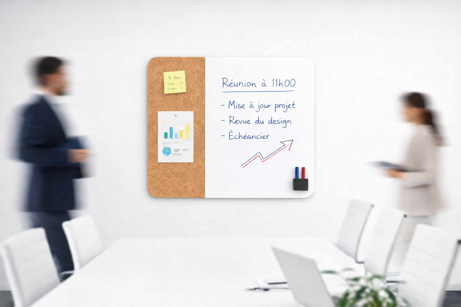 image représentant un tableau bi-matière acoustique avec une impression liège pour la fonction punaisable et la surface d'écriture en émaillé blanc