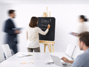 image représentant une salle de réunion avec un chevalet vintage en bois avec un tableau Flexi noir ou blanc