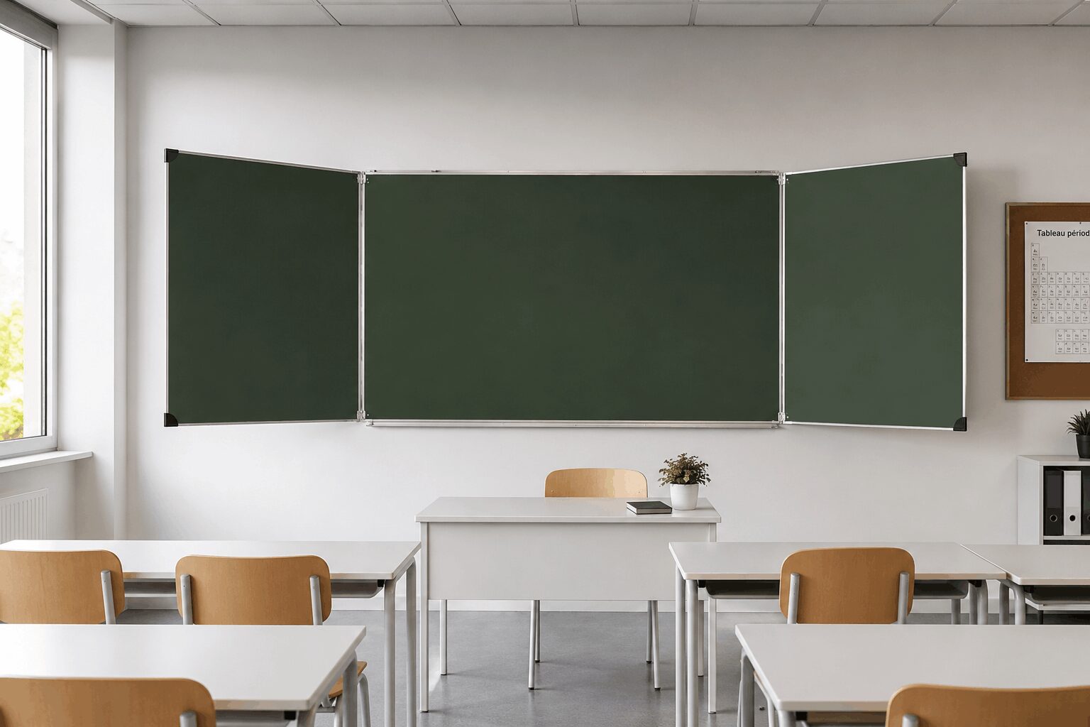 image représentant une mise en situation de salle de classe avec un triptyque vert à volets