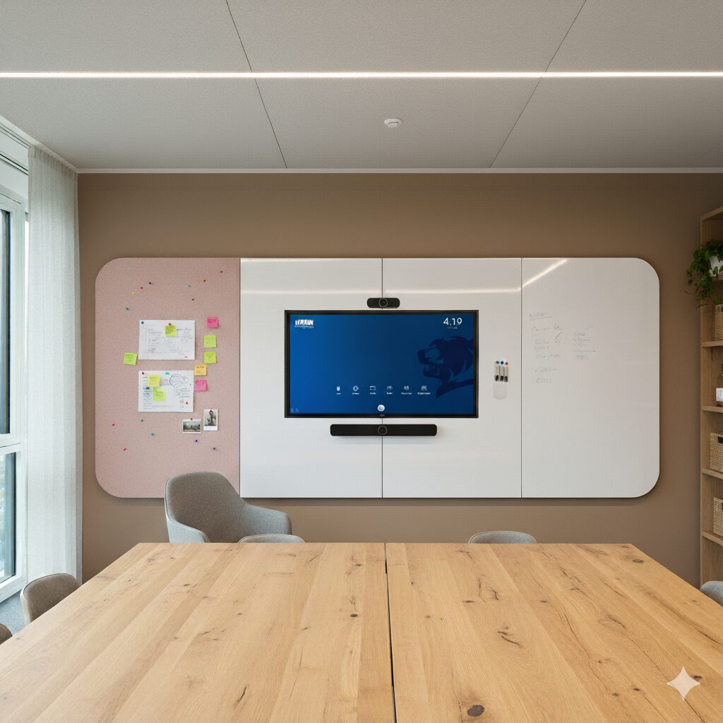 image représentant un mur d'écriture avec intégration d'un écran interactif et d'une partie acoustique