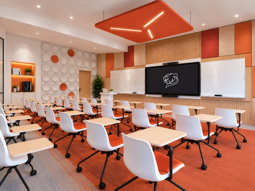 image représentant une salle de classe avec écran interactif et suspension acoustique néon