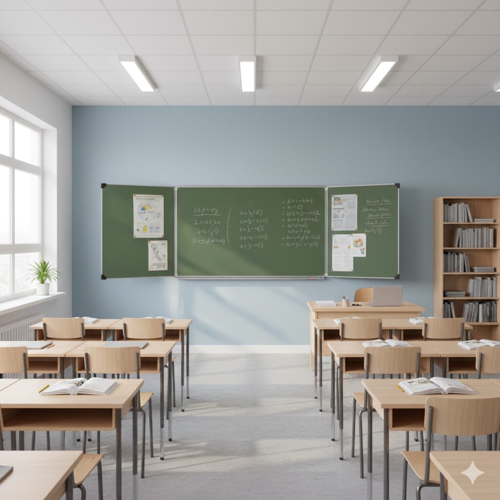 image représentant une salle de classe avec un tableau scolaire